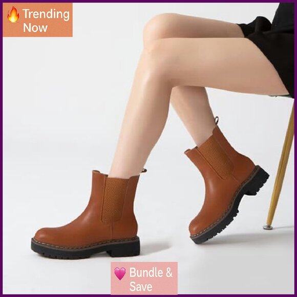 Leather Chelsea Ankle Boots Platform Chunky Heel Slip On Lug Sole - Picture 7 of 8